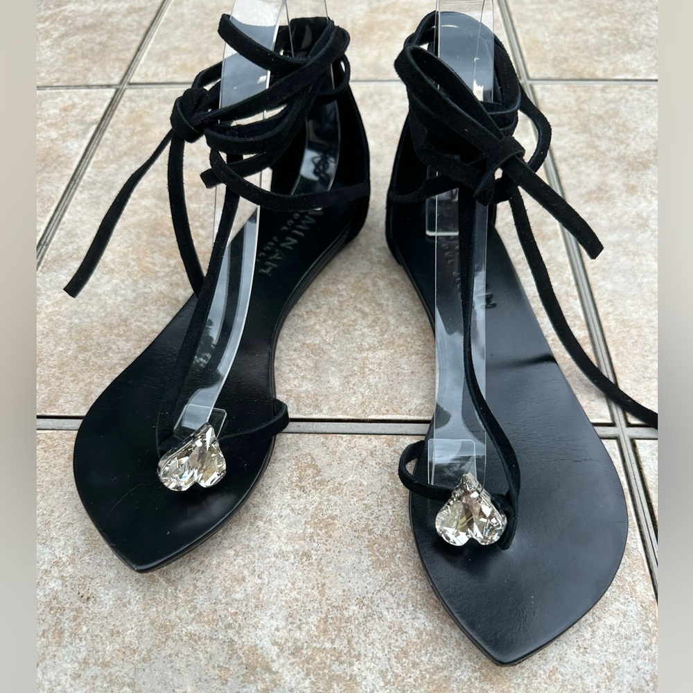 AMINAH ABDUL JILLIL SUEDE LACE UP POINTED SANDALS WITH GLASS